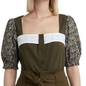 Halston Button Front Blouse – Stamped Tulip Green Combo – Size Medium
